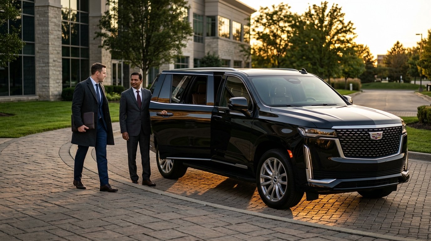Corporate traveller entering an affordable limo service Brampton saloon car outside a business centre