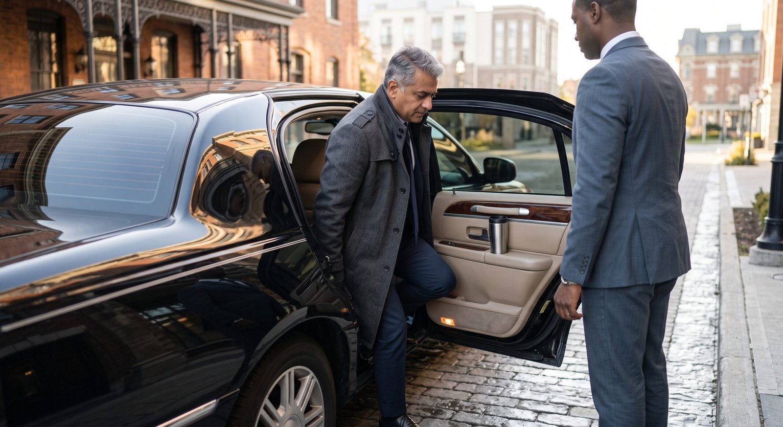 Passenger stepping into an affordable Waterloo to Pearson Airport limousine outside a hotel