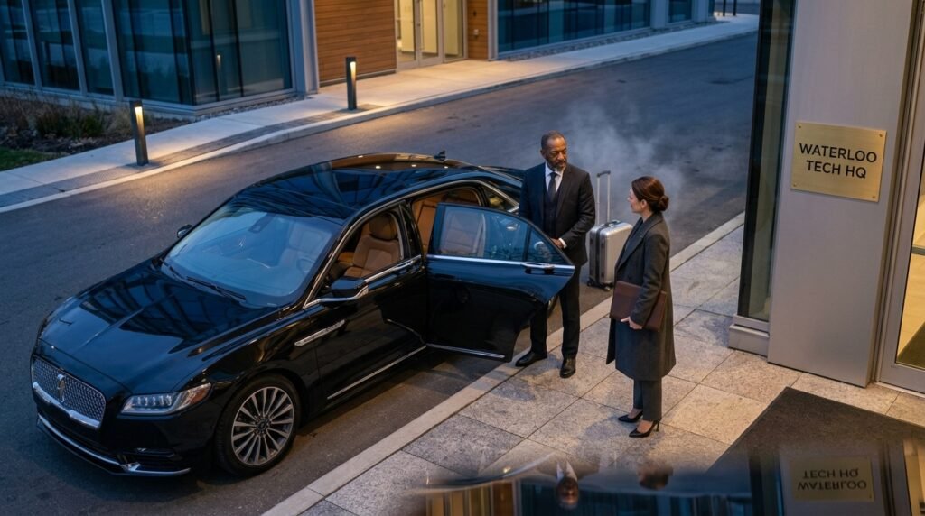 Best Waterloo to Pearson Airport limousine chauffeur standing beside a black luxury saloon