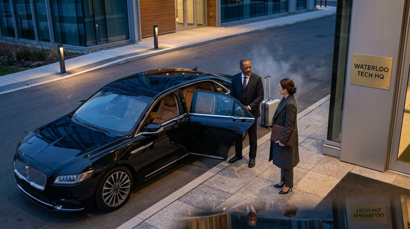 Best Waterloo to Pearson Airport limousine chauffeur standing beside a black luxury saloon