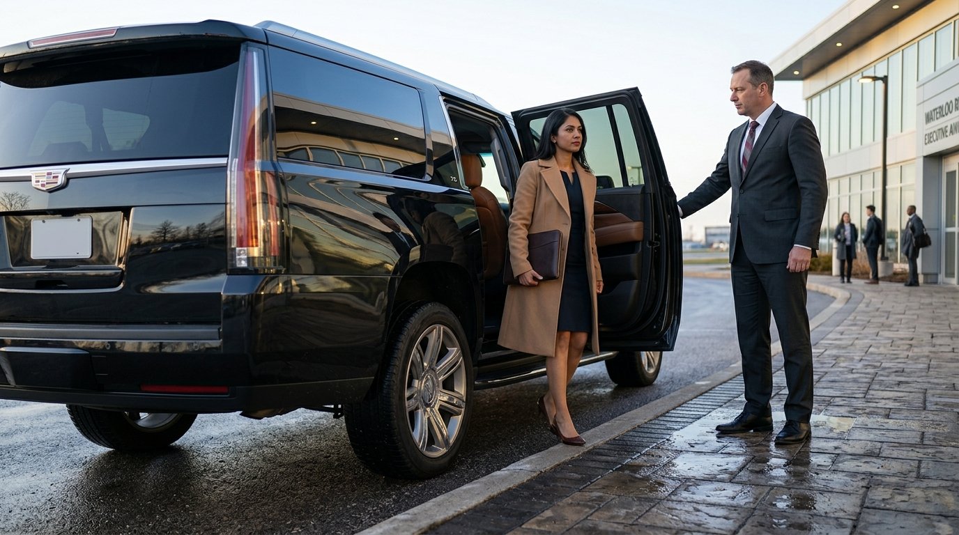 Corporate traveller preparing to book Region of Waterloo Airport limo service beside a luxury chauffeur vehicle