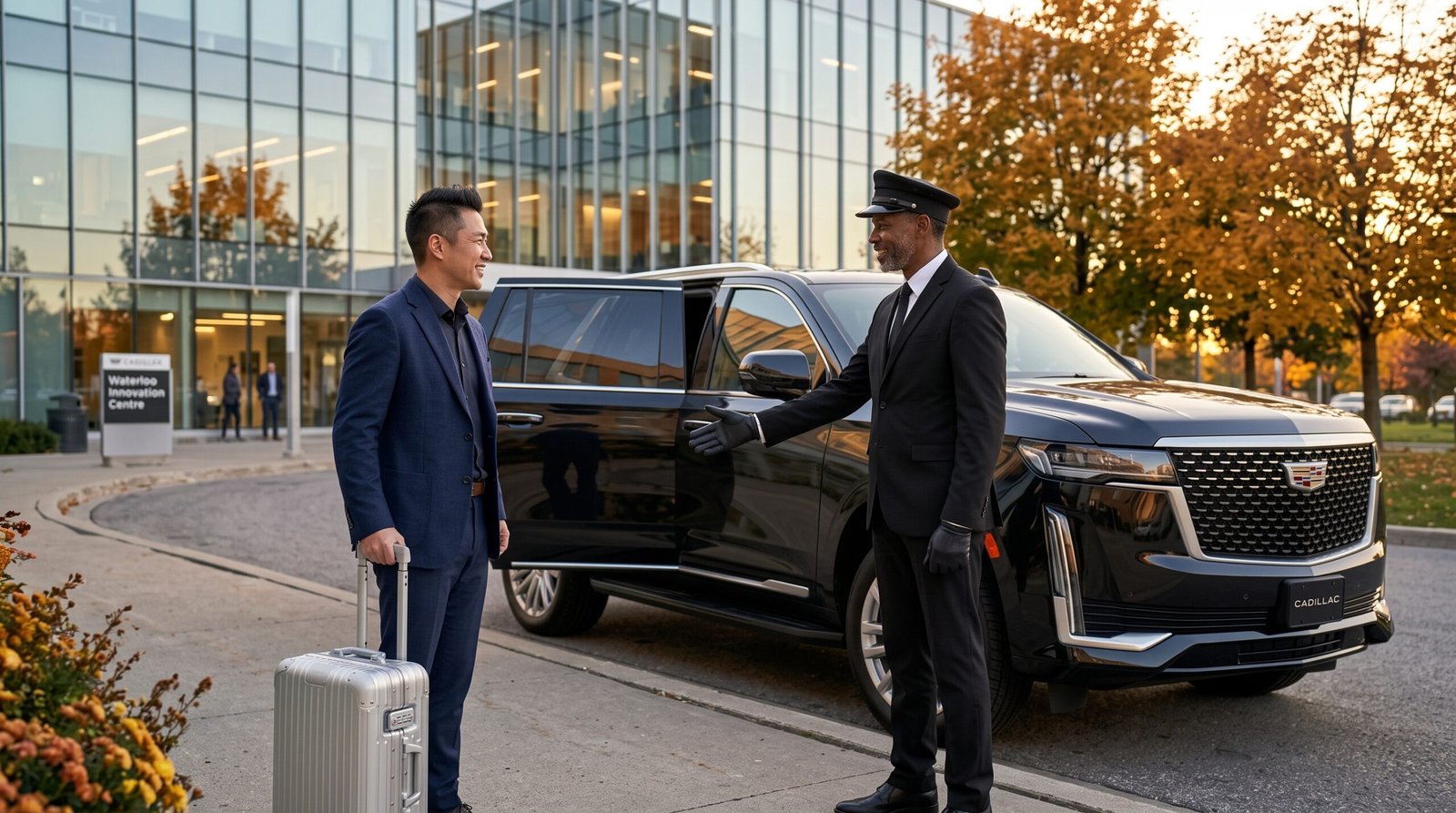 Chauffeur greeting an executive traveller outside an office before a Waterloo to Pearson airport limousine transfer