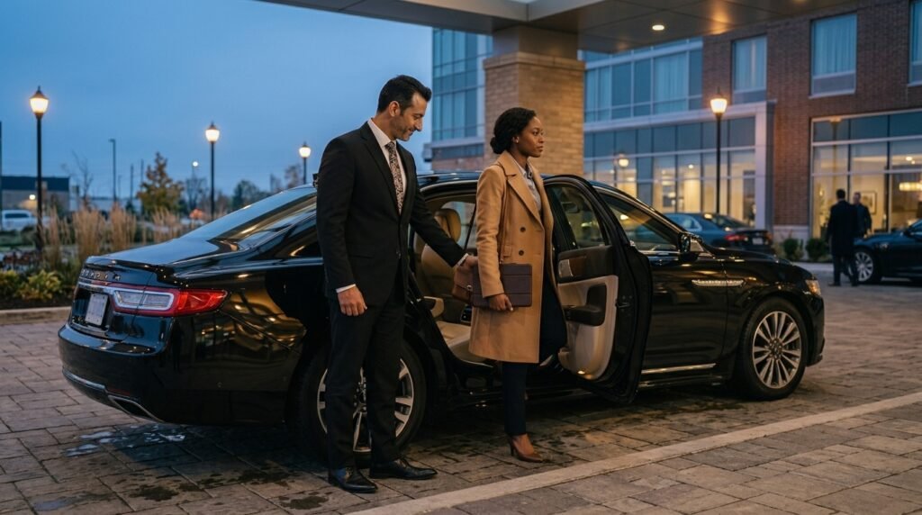 Corporate traveller entering a cheap limo service Brampton saloon car outside a suburban hotel