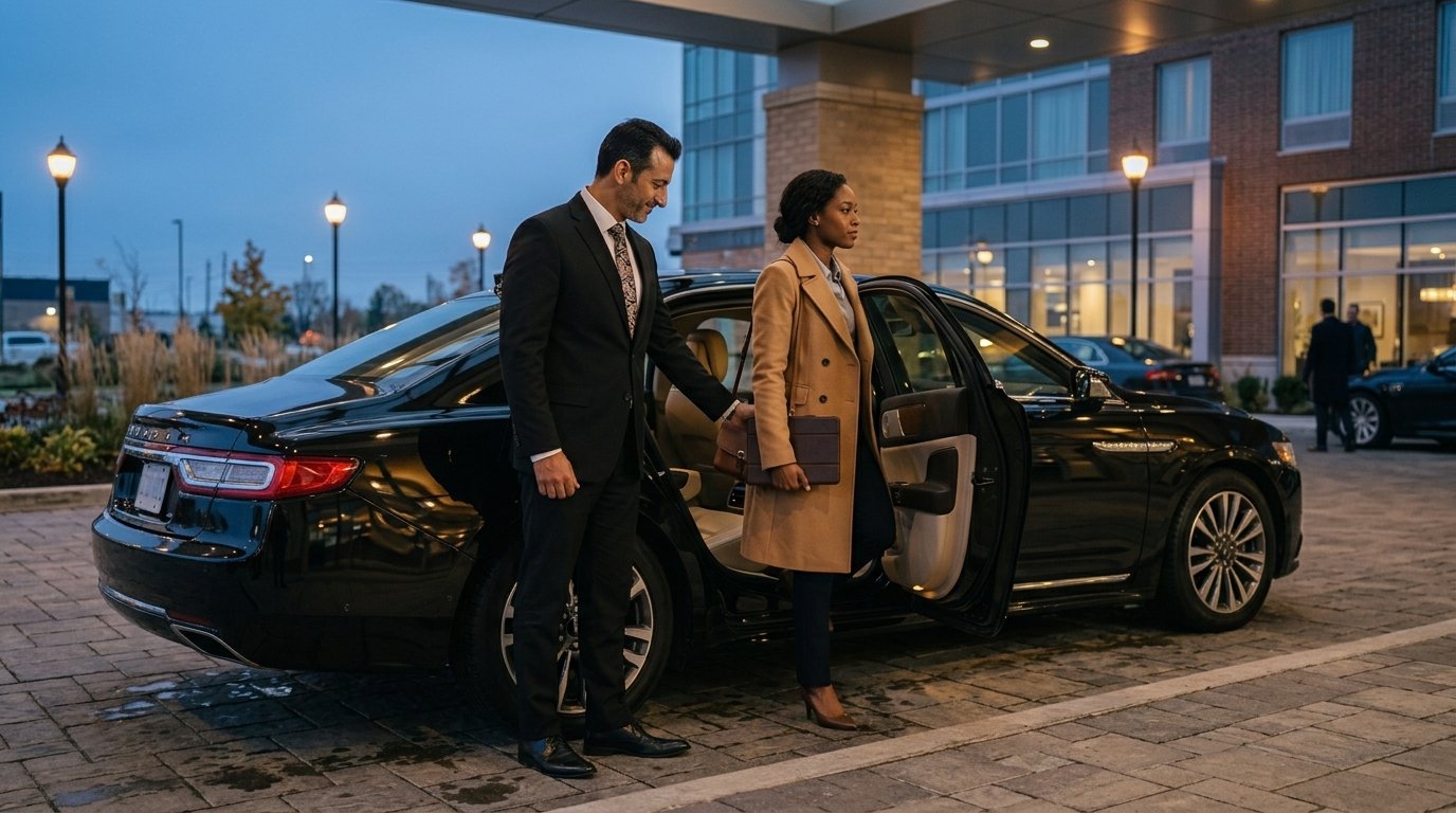 Corporate traveller entering a cheap limo service Brampton saloon car outside a suburban hotel