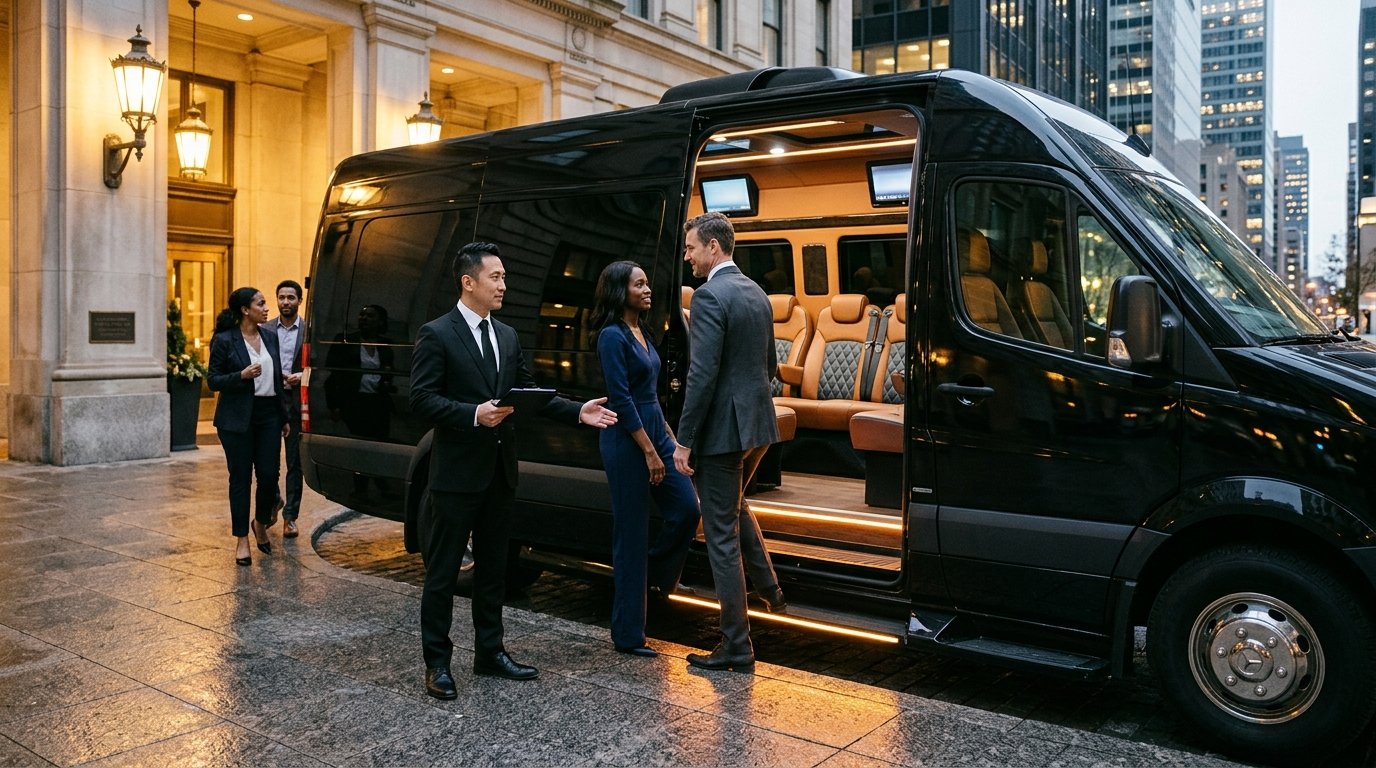 Executive passenger entering a luxury Waterloo to Pearson Airport limousine outside a private residence