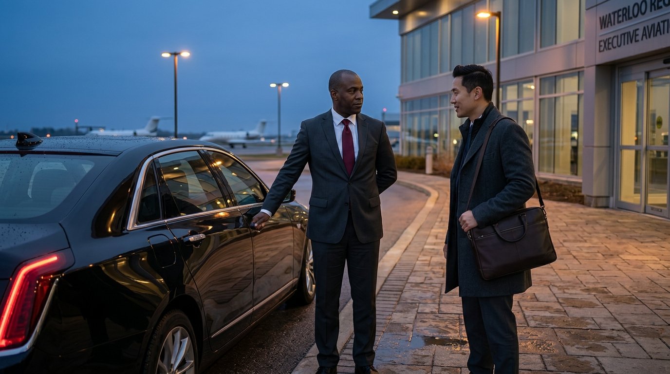 Executive chauffeur greeting a corporate traveller for Region of Waterloo Airport limo service beside a luxury black saloon