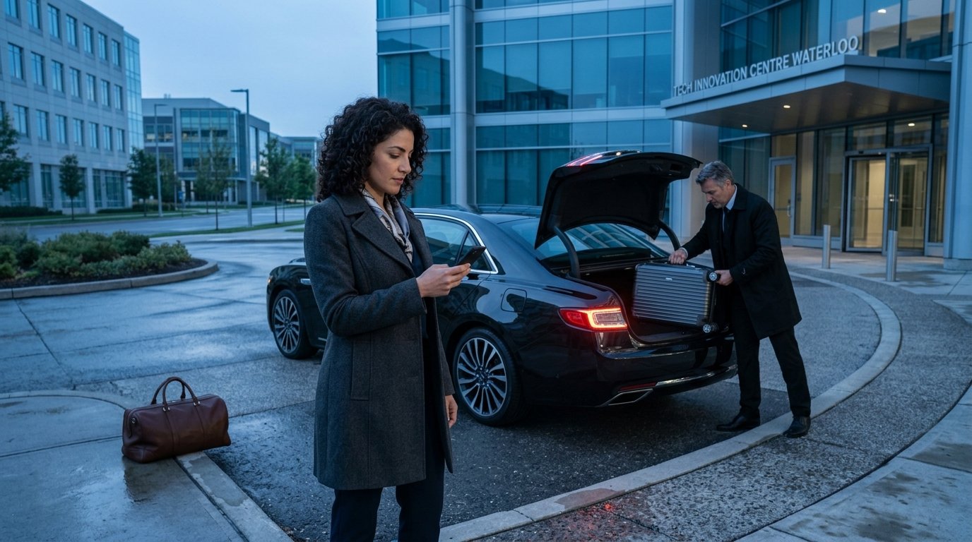 Corporate traveller verifying Waterloo airport limo rates on a smartphone outside a tech hub