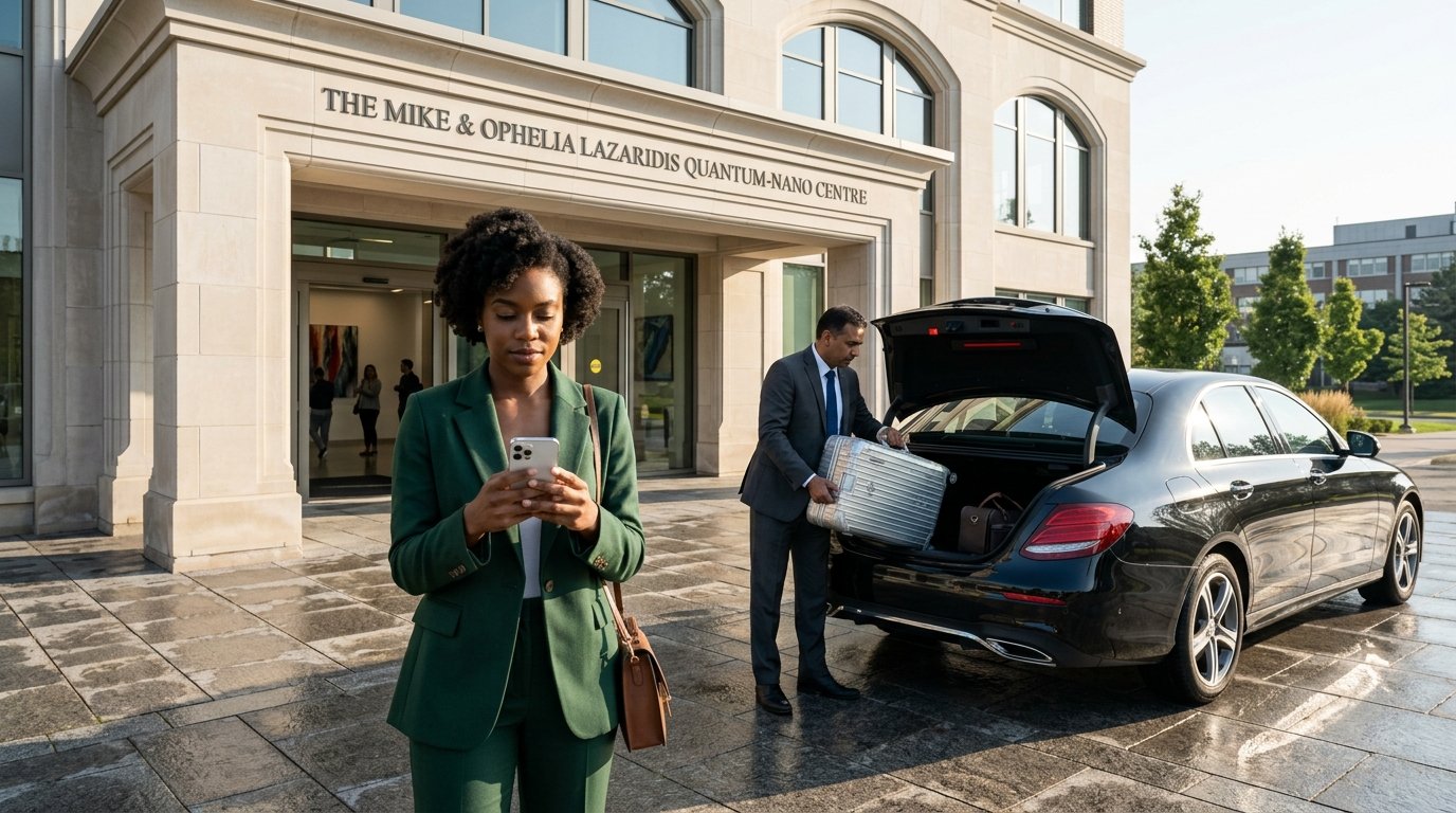 Corporate traveller using a smartphone for a Waterloo Pearson limo booking beside a luxury black saloon