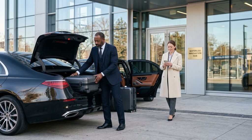 Chauffeur loading luggage into a Waterloo Pearson limousine outside an office