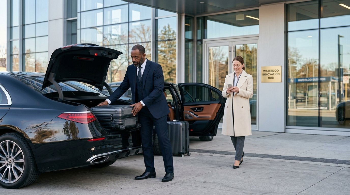 Chauffeur loading luggage into a Waterloo Pearson limousine outside an office