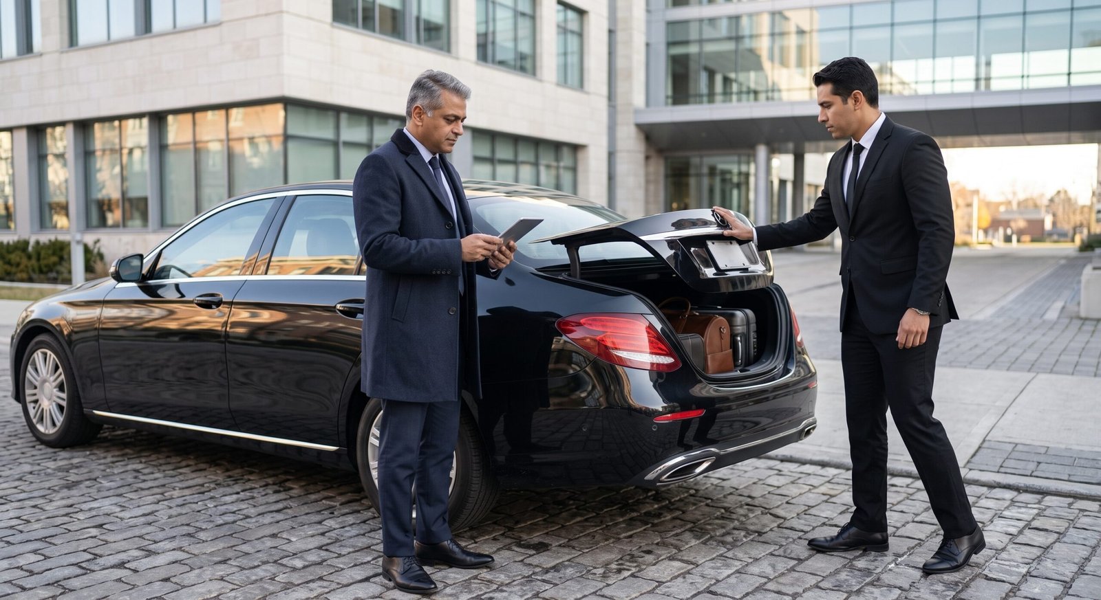 Executive passenger reviewing Waterloo to Pearson airport limousine prices on a tablet beside a luxury black saloon