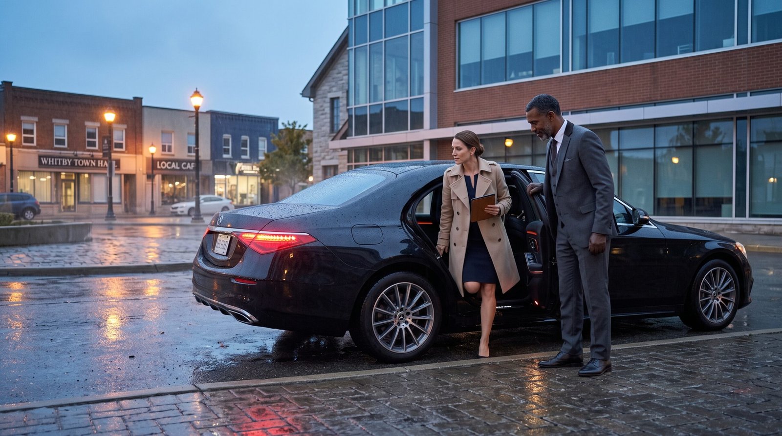 Waterloo to Pearson Airport limousine chauffeur loading luggage for an executive passenger in front of a sleek black saloon