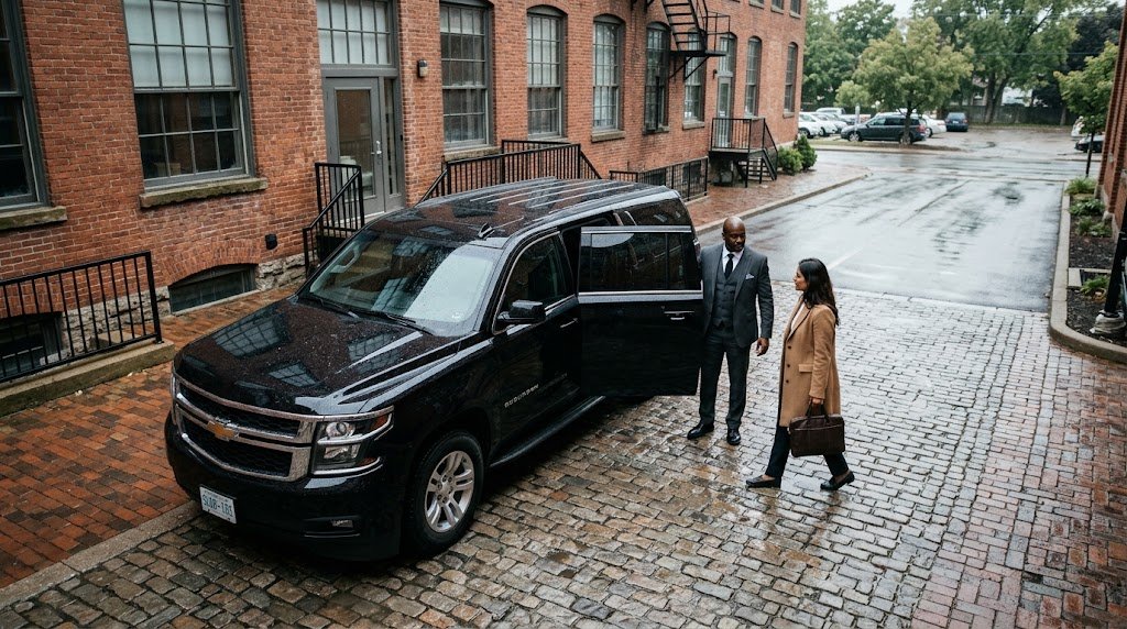 Corporate traveller entering an affordable Kitchener to Pearson limo saloon car outside an innovation centre