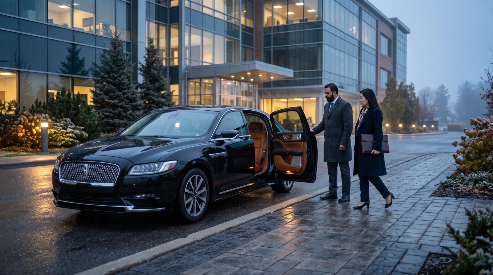 Corporate traveller entering the best Kitchener to Pearson limo saloon car outside an innovation centre