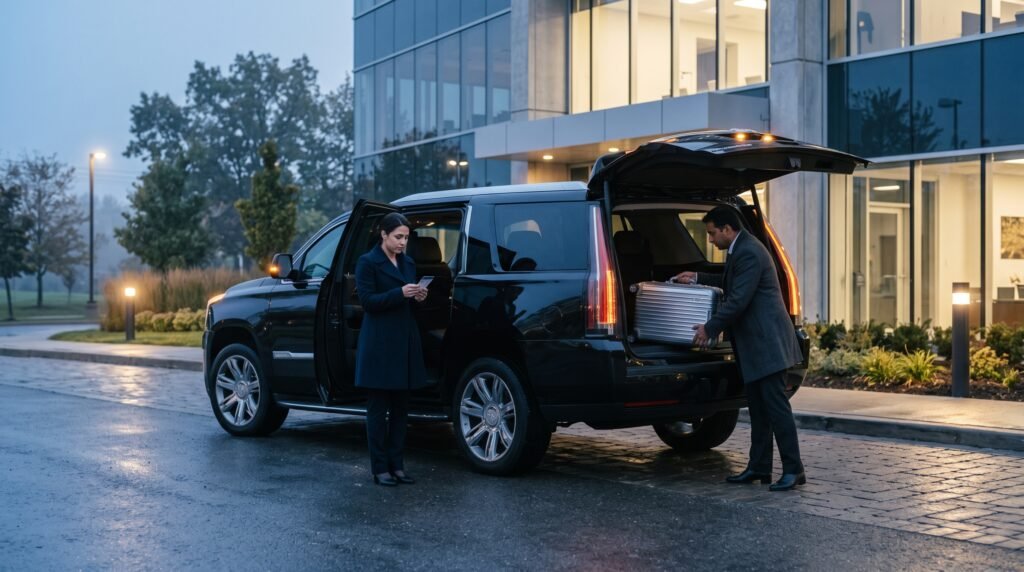 Corporate traveller preparing to book Kitchener to Pearson limo beside an executive chauffeur saloon