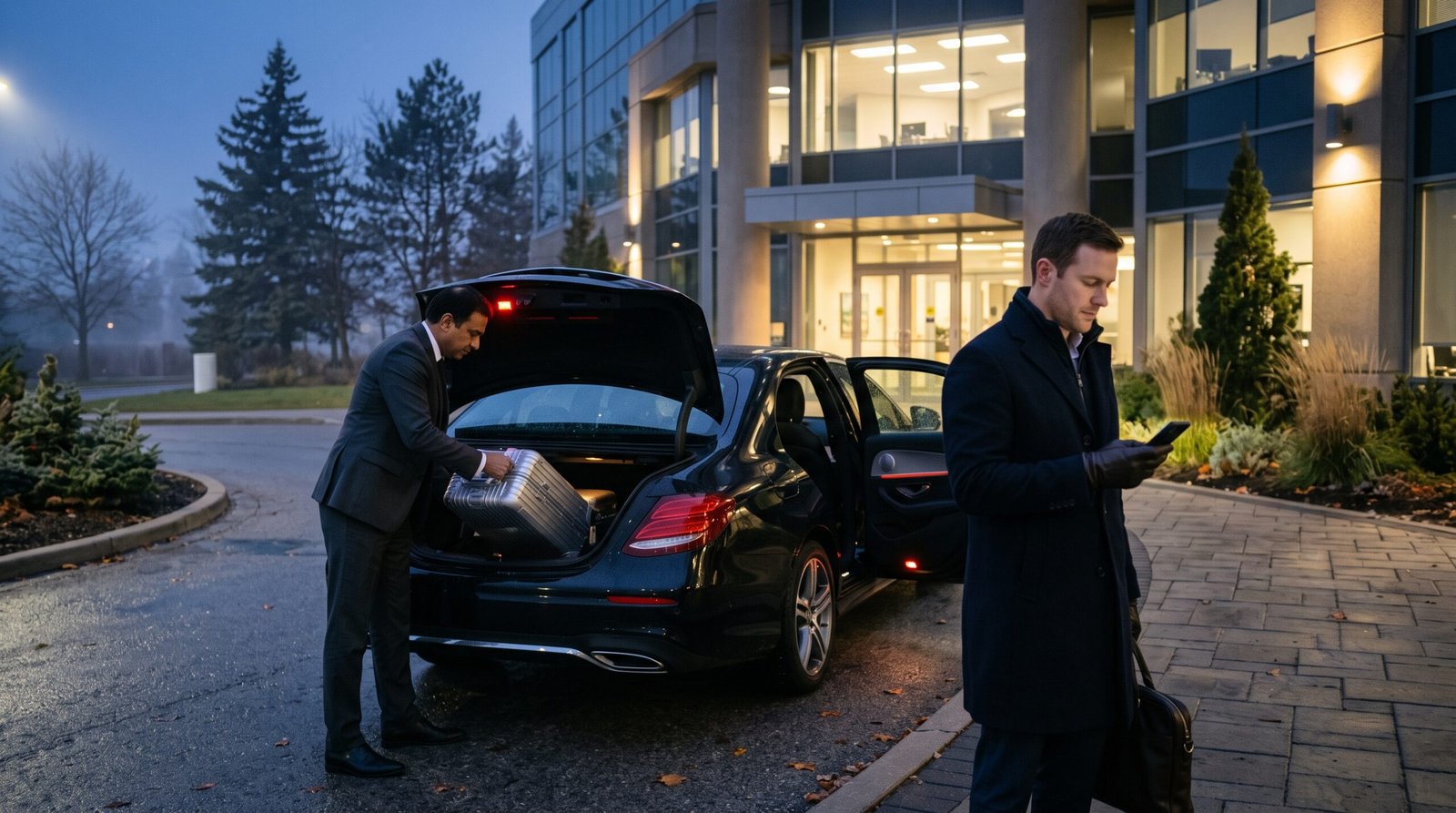 Corporate traveller preparing to hire Kitchener to Pearson limo beside an executive chauffeur saloon