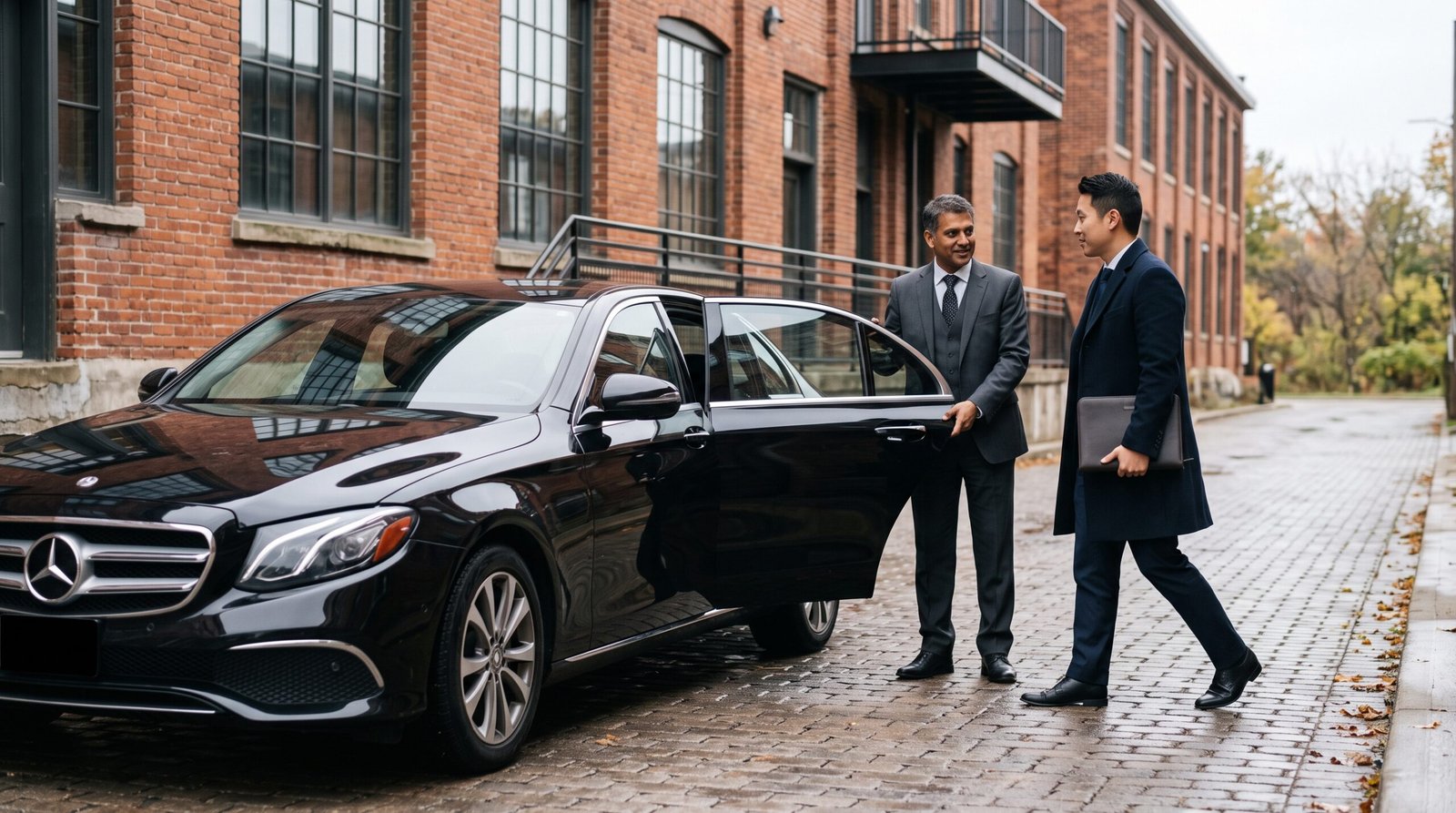 Corporate traveller stepping into a luxury Kitchener to Pearson limo saloon car outside a tech centre