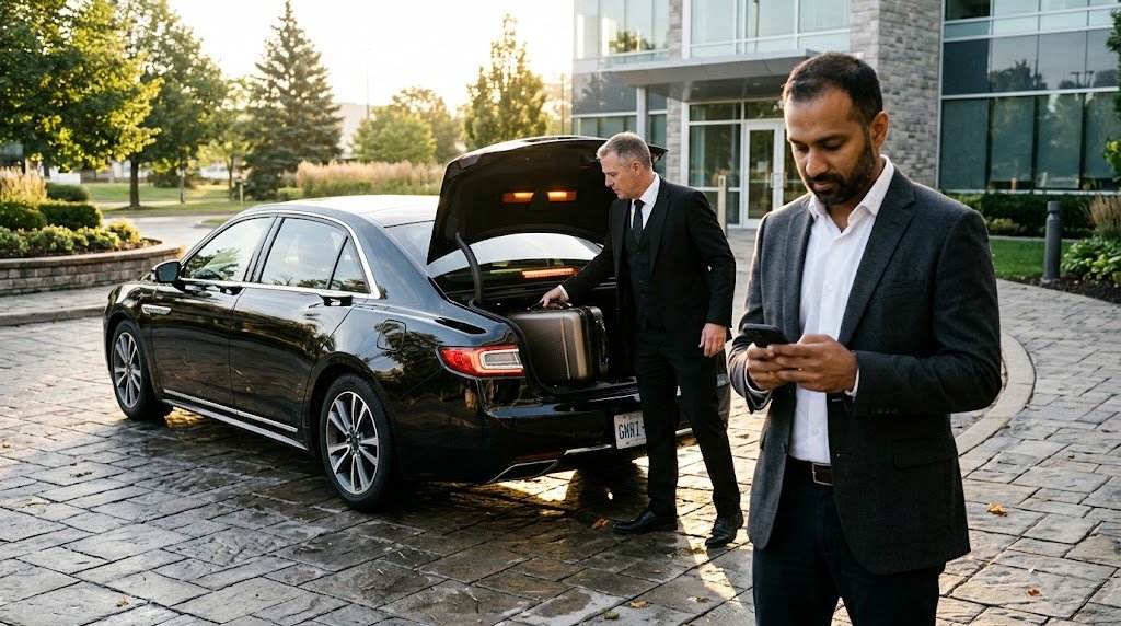 Corporate traveller reviewing Kitchener to Pearson limo prices on a smartphone beside an executive saloon