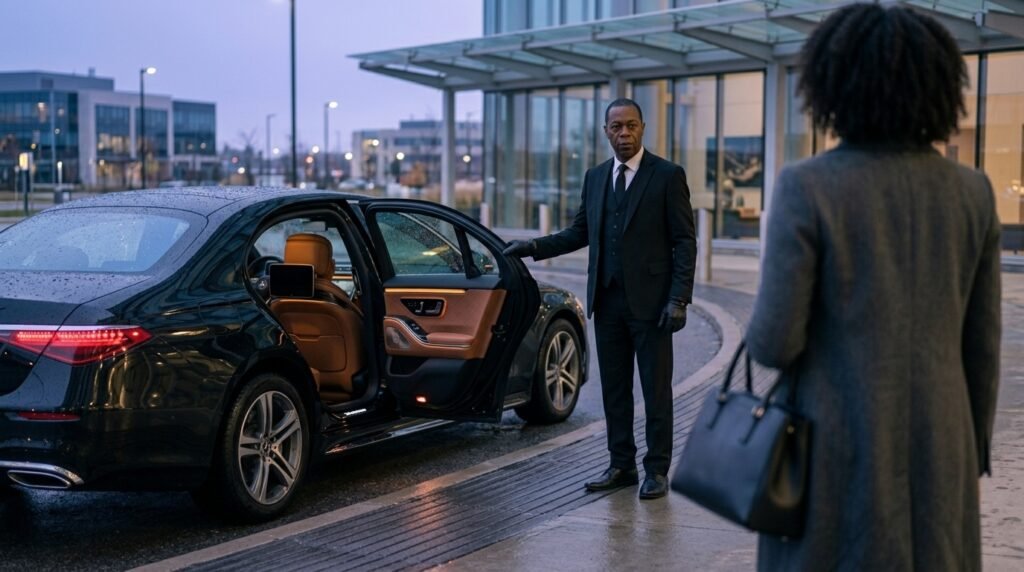 Corporate traveller entering a luxury Waterloo airport limo saloon car outside a modern corporate building
