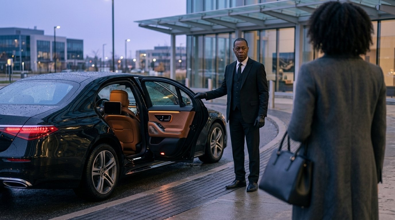 Corporate traveller entering a luxury Waterloo airport limo saloon car outside a modern corporate building