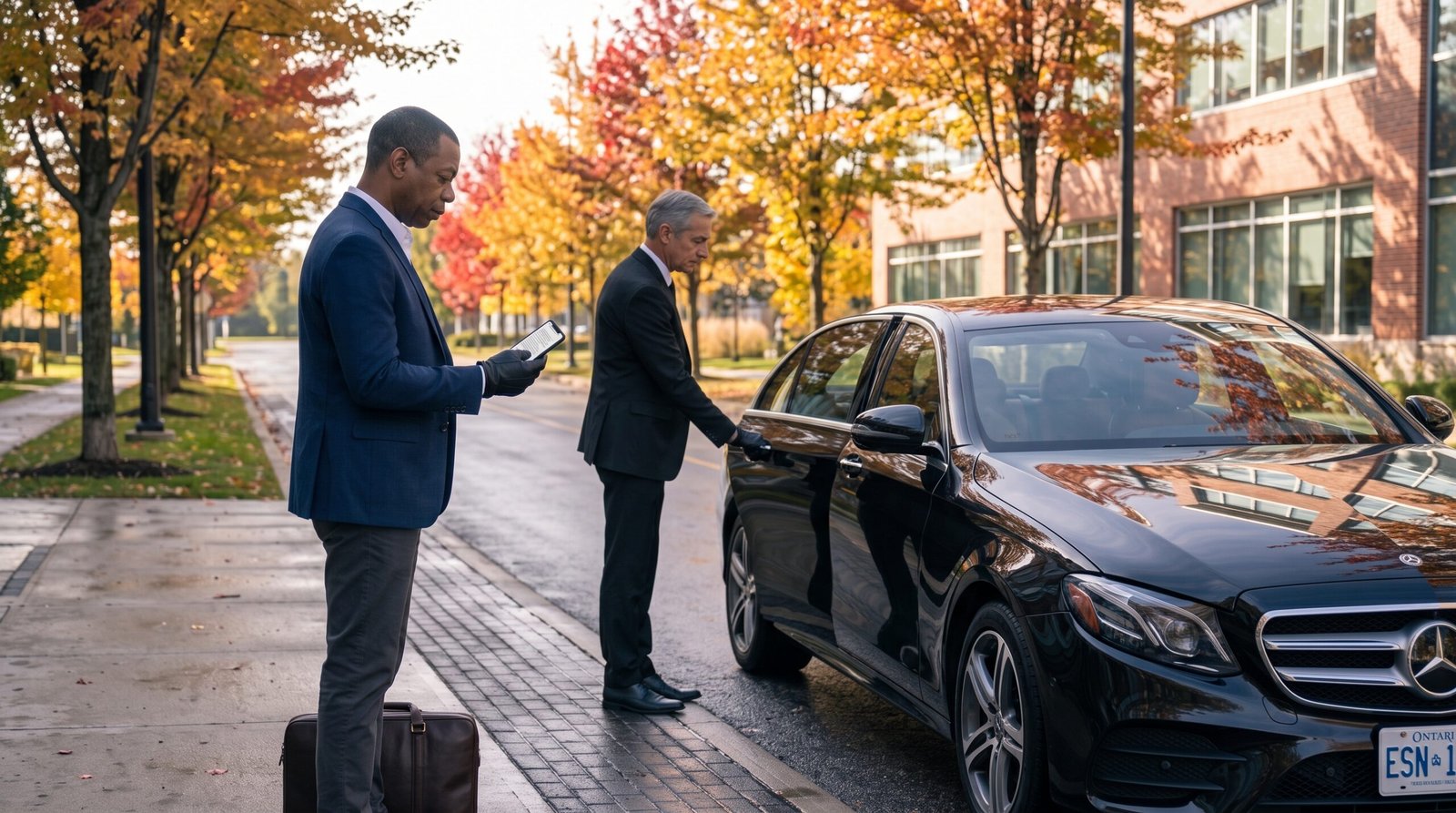 Corporate traveller confirming a Waterloo airport limo reservation on a smartphone beside an executive saloon